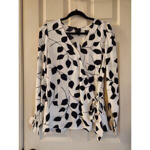 Talbots Faux Wrap Blouse Side Tie White With Black Leaves Size Medium NWT